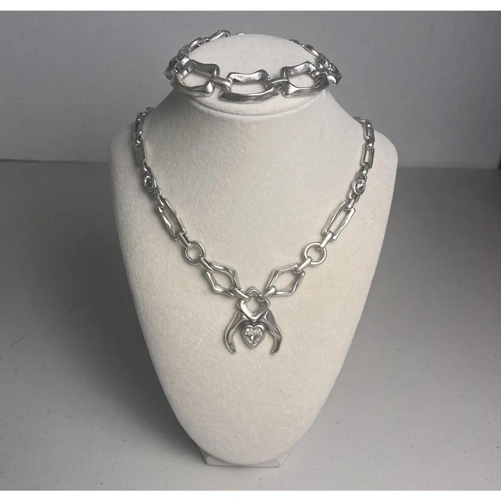 Silver Tone Heart Pendant Necklace Chunky Chain Bracelet Set Statement Bold Y2K